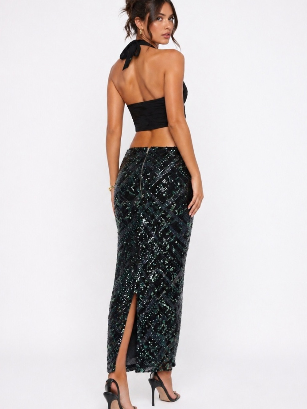 AKIRA Green Sequin Midi Skirt Size Small | High Slit Glam Skirt NWT - Picture 2 of 3